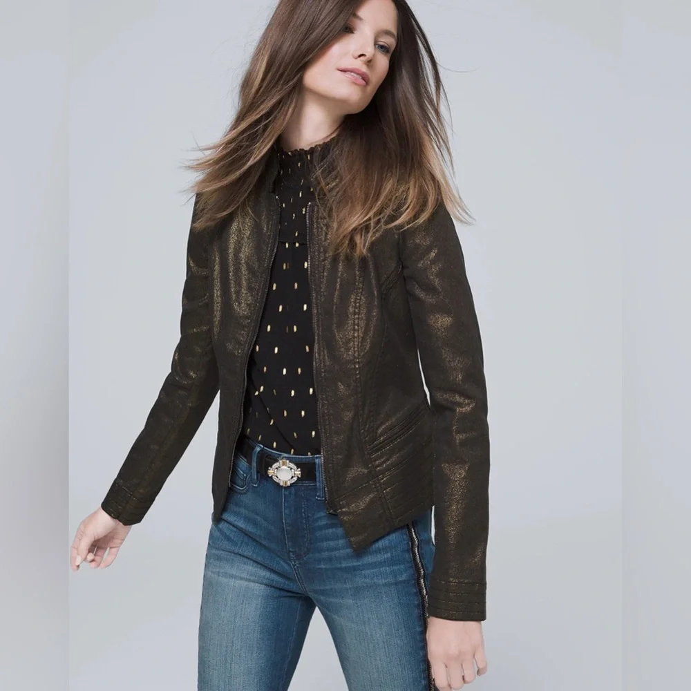 WHITE HOUSE BLACK MARKET | Coated Metallic Gold Band Jacket SOLD OUT Size 2 - Picture 4 of 9